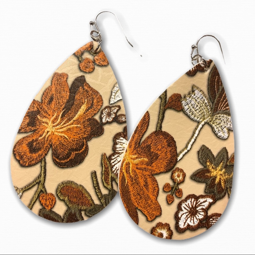 NEW BEIGE FLORAL FABRIC TEARDROP EARRINGS